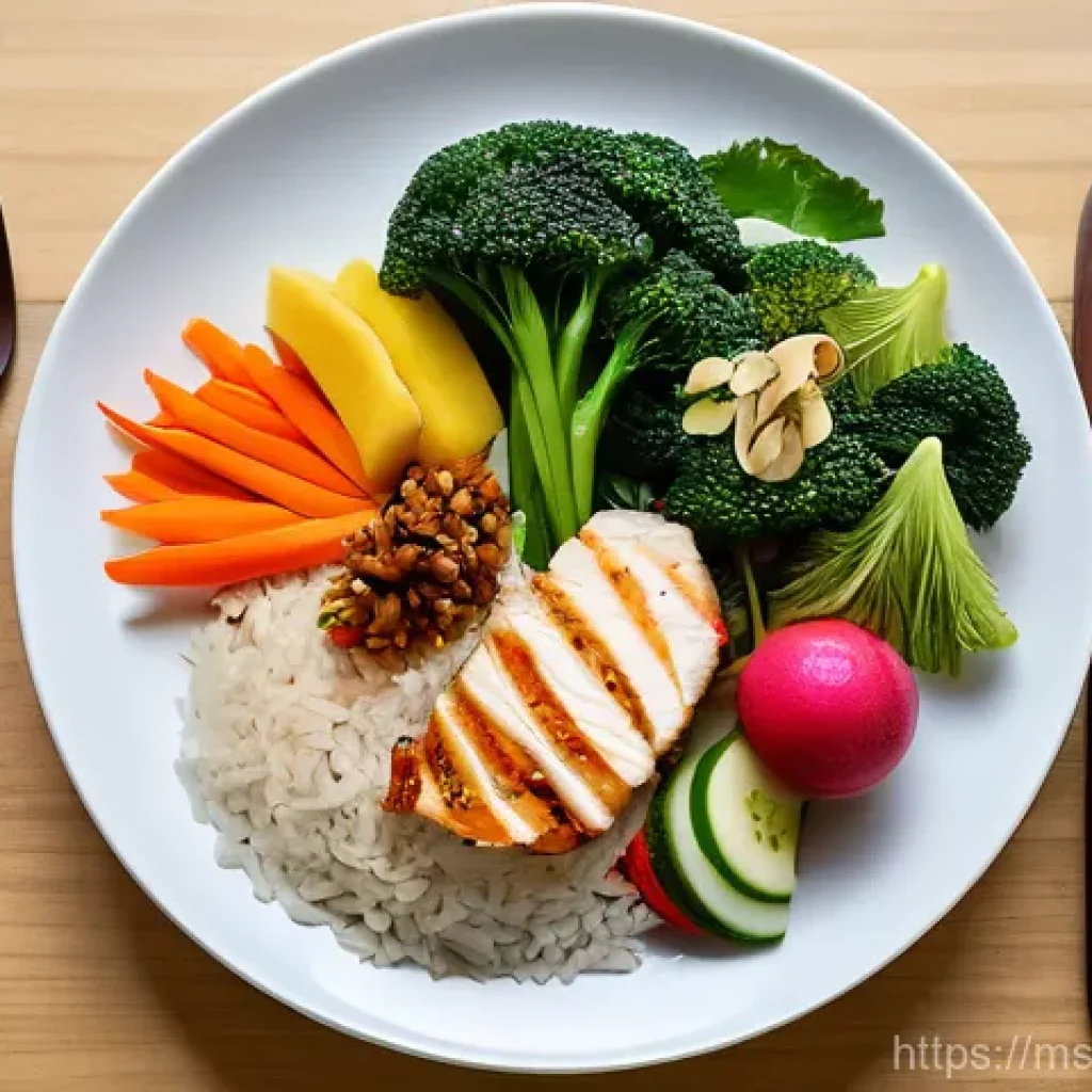 예방 중심 헬스케어의 다양한 접근 방법 - **Prompt 1: Healthy Eating Lifestyle - "Suku-suku-Separuh" Plate**
A bright, inviting, eye-level...