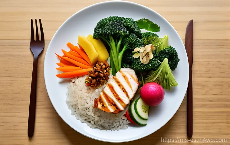 예방 중심 헬스케어의 다양한 접근 방법 - **Prompt 1: Healthy Eating Lifestyle - "Suku-suku-Separuh" Plate**
A bright, inviting, eye-level...