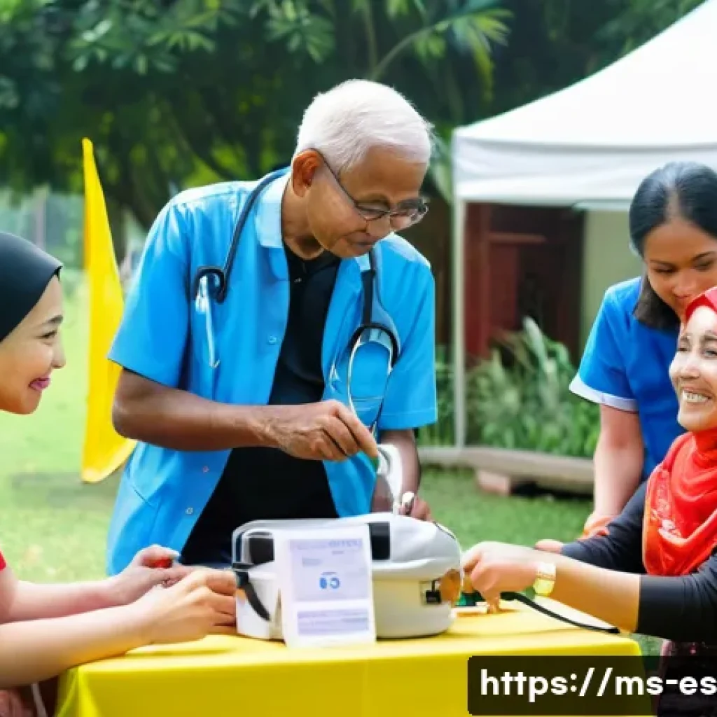 예방 중심 헬스케어의 환자 참여 증진 방법 - **Prompt:** A vibrant outdoor community health screening event bustling with diverse Malaysian adult...