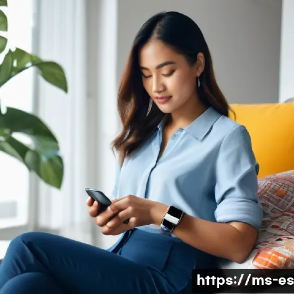 예방 중심 헬스케어의 진단 도구 - A modern Malaysian woman wearing a smart casual outfit, sitting comfortably at home while checking h...