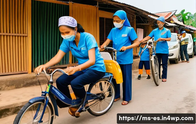 예방 중심 헬스케어의 도전 과제 - ) A photorealistic outdoor community health screening in a Malaysian kampung and low-income urban la...