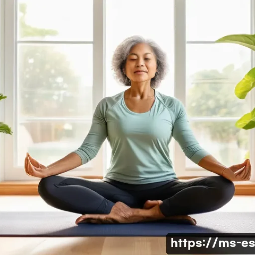 예방 중심 헬스케어와 운동 프로그램 - A middle-aged Malay woman dressed in comfortable sportswear performing yoga stretches in a bright, c...