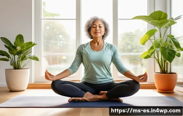 예방 중심 헬스케어와 운동 프로그램 - A middle-aged Malay woman dressed in comfortable sportswear performing yoga stretches in a bright, c...