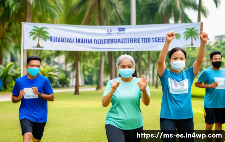 예방 중심 헬스케어의 주요 성공 사례 - A diverse group of Malaysian community members participating in an outdoor aerobic exercise session ...