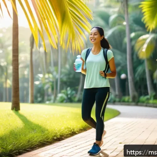 Home 30 예방 중심 헬스케어와 건강 증진 활동 - A vibrant early morning scene of a Malaysian woman in comfortable activewear walking briskly along a...