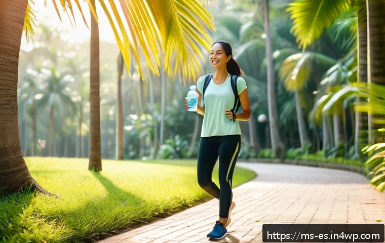 예방 중심 헬스케어와 건강 증진 활동 - A vibrant early morning scene of a Malaysian woman in comfortable activewear walking briskly along a...