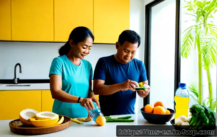 Home 17 예방 중심 헬스케어의 지속 가능성 - Photorealistic preventive healthcare lifestyle scene in Malaysia, a middle-aged Malay couple in mode...