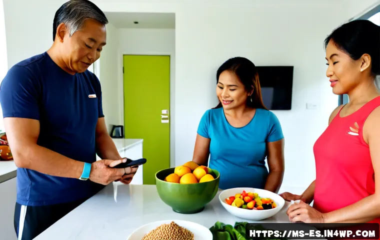 Home 30 예방 중심 헬스케어의 소비자 행동 분석 - Photorealistic Malaysian family in a bright modern apartment kitchen, middle-aged parents and an old...
